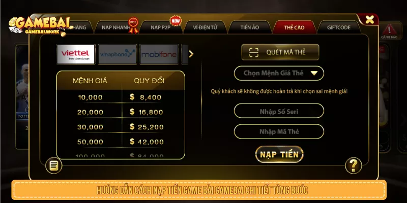 Hướng dẫn cách nạp tiền Game Bài GAMEBAI chi tiết từng bước